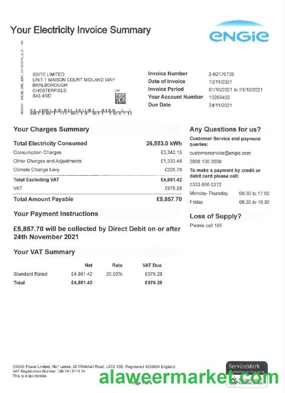 UNITED KINGDOM ENGIE utility bill Word and PDF template